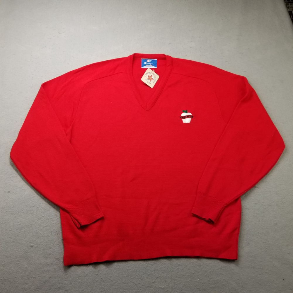 Vintage Champion Sweater XXL V-Neck Red Varsity Washington Apple Logo Made USA
